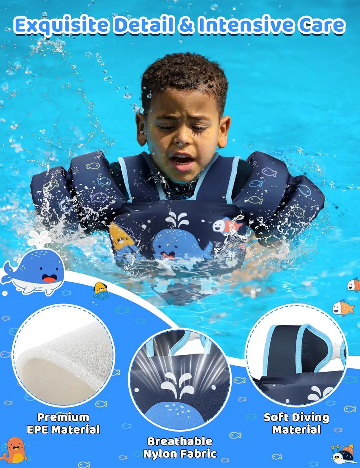Vvinca Toddler Swim Vest for Kids 13-30lbs Boys Girls Puddle Jumper Toddlers Pool Floaties Jacket with Adjustable Crotch Strap Sleeves Shoulder for 1 2 3 Years Old Baby Infant Learn to Swimming