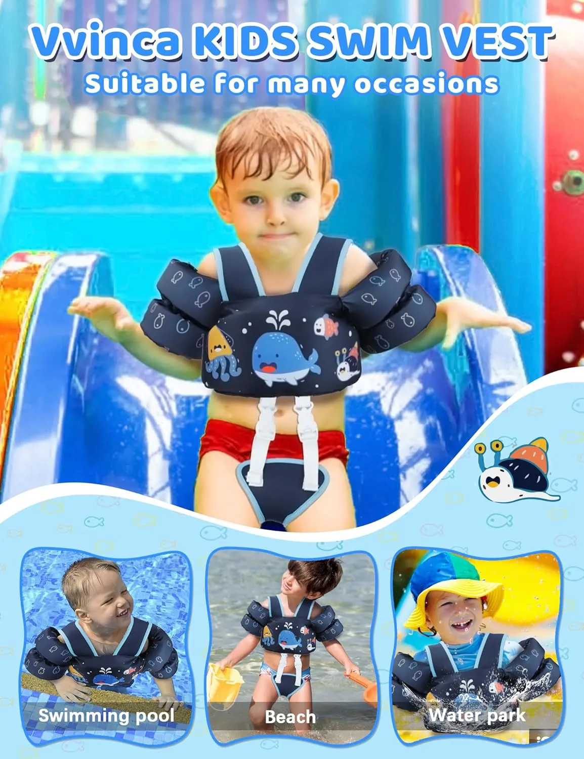 Vvinca Toddler Swim Vest for Kids 13-30lbs Boys Girls Puddle Jumper Toddlers Pool Floaties Jacket with Adjustable Crotch Strap Sleeves Shoulder for 1 2 3 Years Old Baby Infant Learn to Swimming
