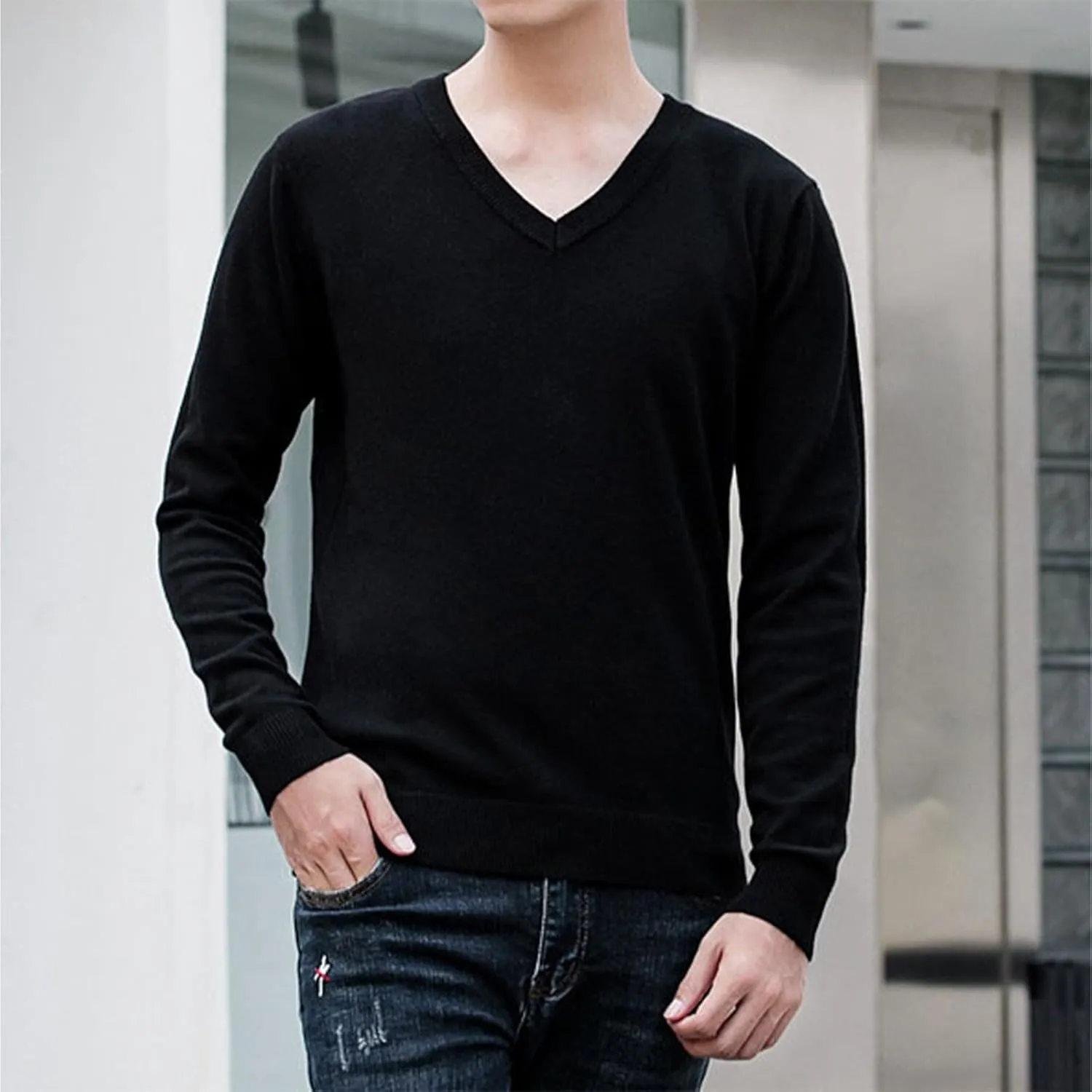 Winter Knitted Sweater for Men Casual Slim Fit Lightweight Thermal Pullovers Tops V Neck Long Sleeve Bottoming Jumper