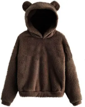 Wkishenl Fall Winter Womens Fluffy Bear Ear Hoodies,Lovely Plush Casual Sweatshirts,Fuzzy Warm Sweater,Plush Fuzzy Pullover