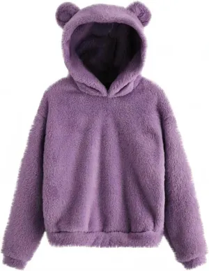 Wkishenl Fall Winter Womens Fluffy Bear Ear Hoodies,Lovely Plush Casual Sweatshirts,Fuzzy Warm Sweater,Plush Fuzzy Pullover