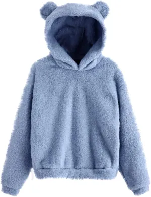 Wkishenl Fall Winter Womens Fluffy Bear Ear Hoodies,Lovely Plush Casual Sweatshirts,Fuzzy Warm Sweater,Plush Fuzzy Pullover