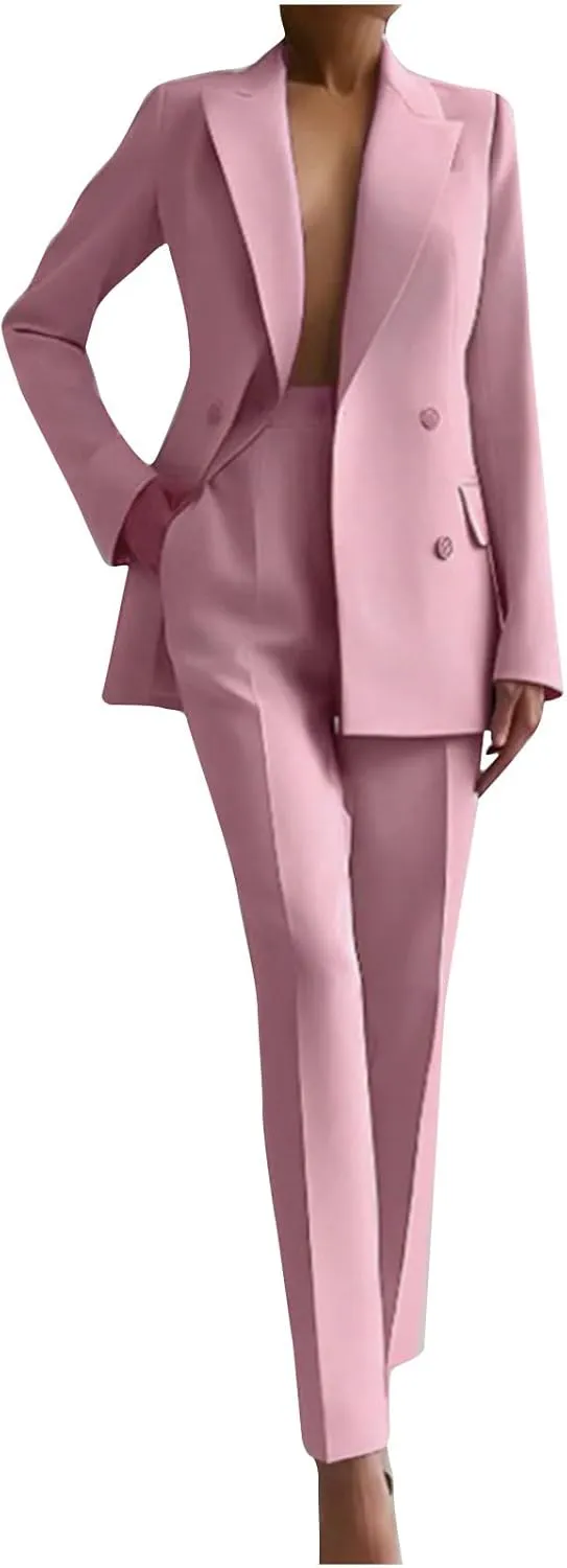 Women 2 Piece Outfits Double Breasted Blazer and Straight Leg Work Pants Casual Blazer Set Dressy Business Office Suits