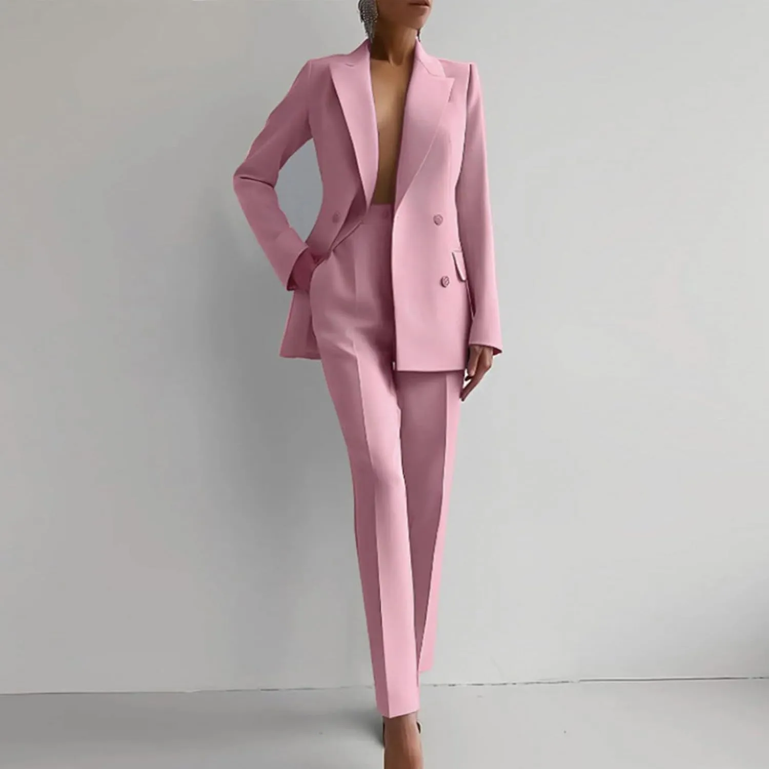 Women 2 Piece Outfits Double Breasted Blazer and Straight Leg Work Pants Casual Blazer Set Dressy Business Office Suits