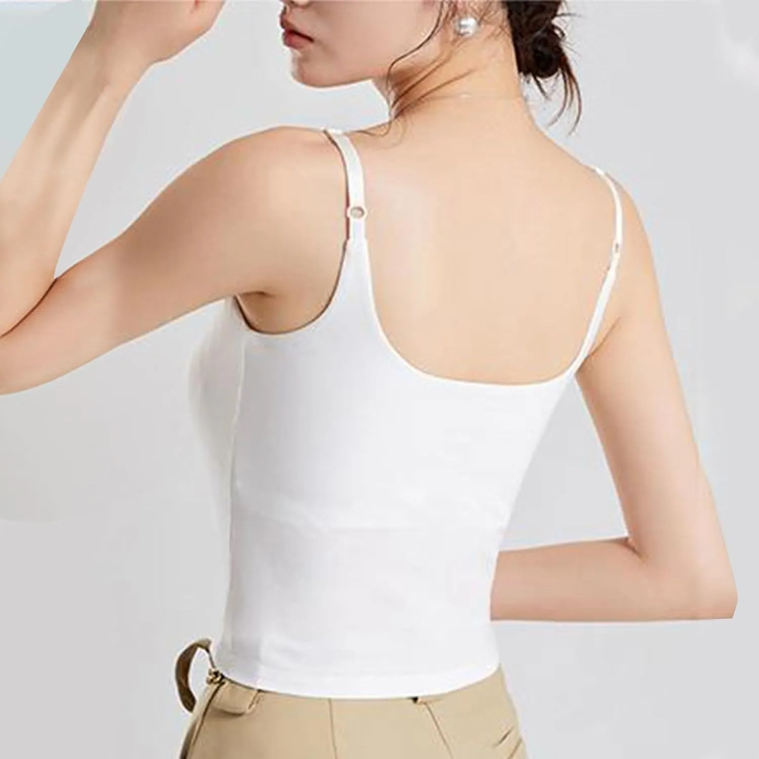 Women Adjustable Spaghetti Straps Cami Tops Summer Built in Bra Crop Tanks Sexy Fitting Square Neck Yoga Undershirt