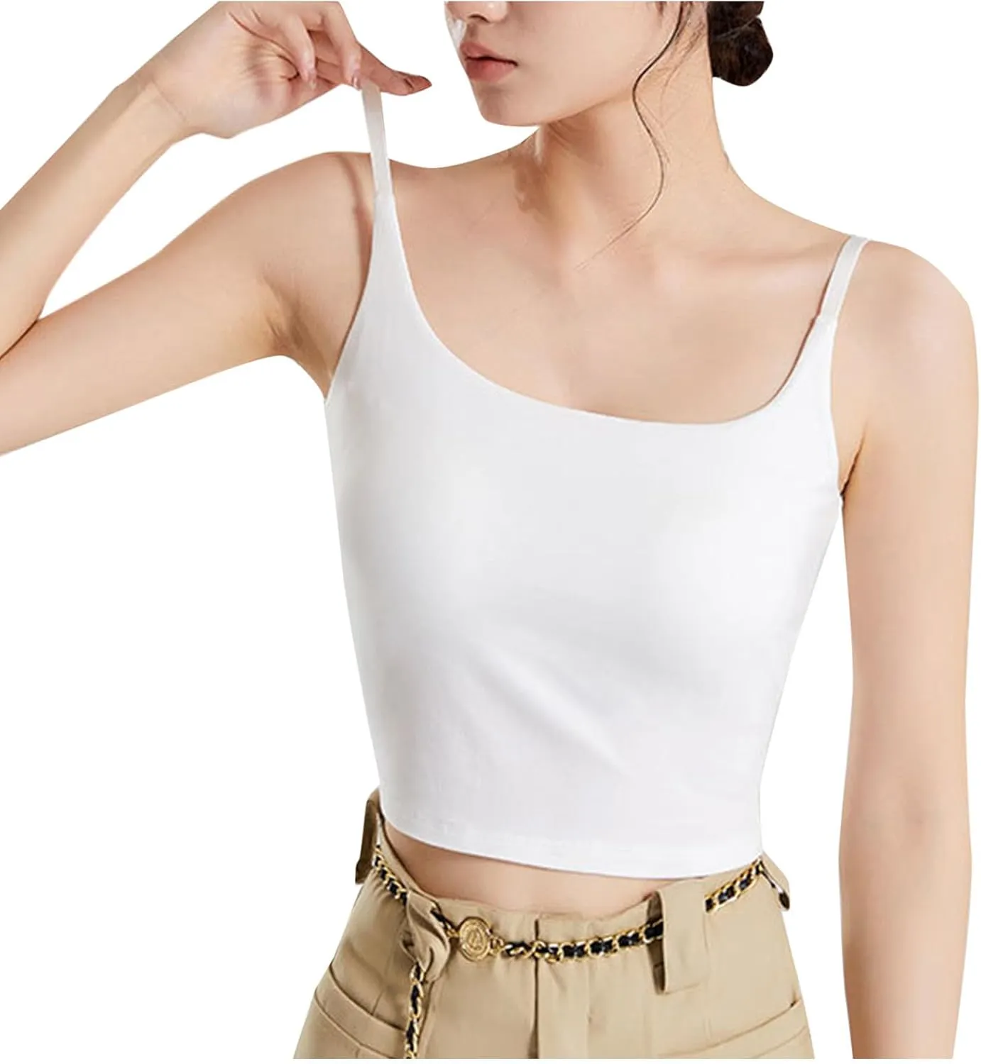 Women Adjustable Spaghetti Straps Cami Tops Summer Built in Bra Crop Tanks Sexy Fitting Square Neck Yoga Undershirt