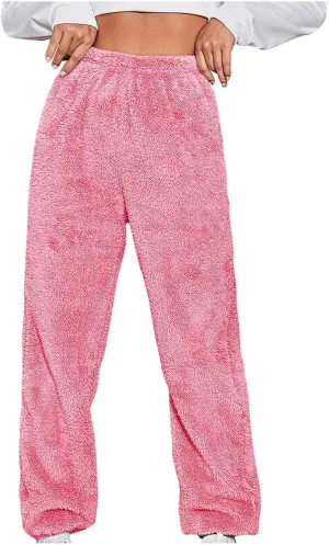 Women Casual Fleece Sherpa Pant Winter Thermal Teddy Fuzzy Trouser Trendy Soft Furry Elastic Waist Lounge Pants