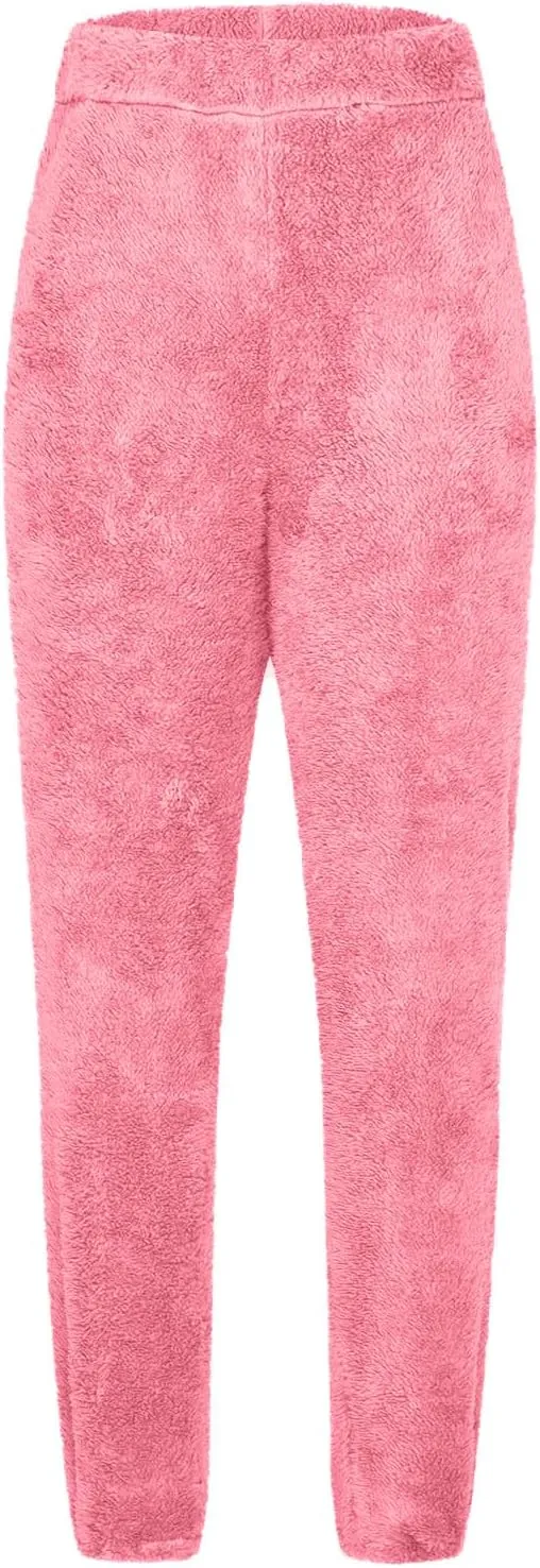 Women Casual Fleece Sherpa Pant Winter Thermal Teddy Fuzzy Trouser Trendy Soft Furry Elastic Waist Lounge Pants