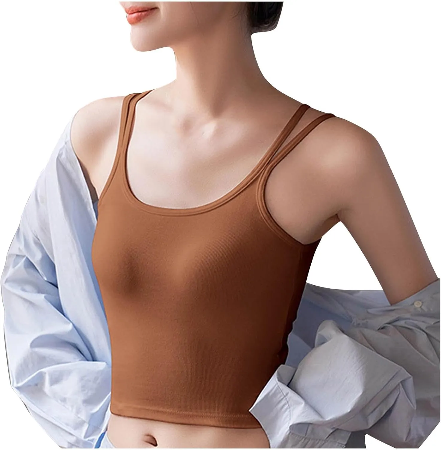 Women Cutout Back Cami Tops Summer Cottton Casual Crop Camisole Built in Bra Spaghetti Strap Slim Fit Yoga Tanks Top