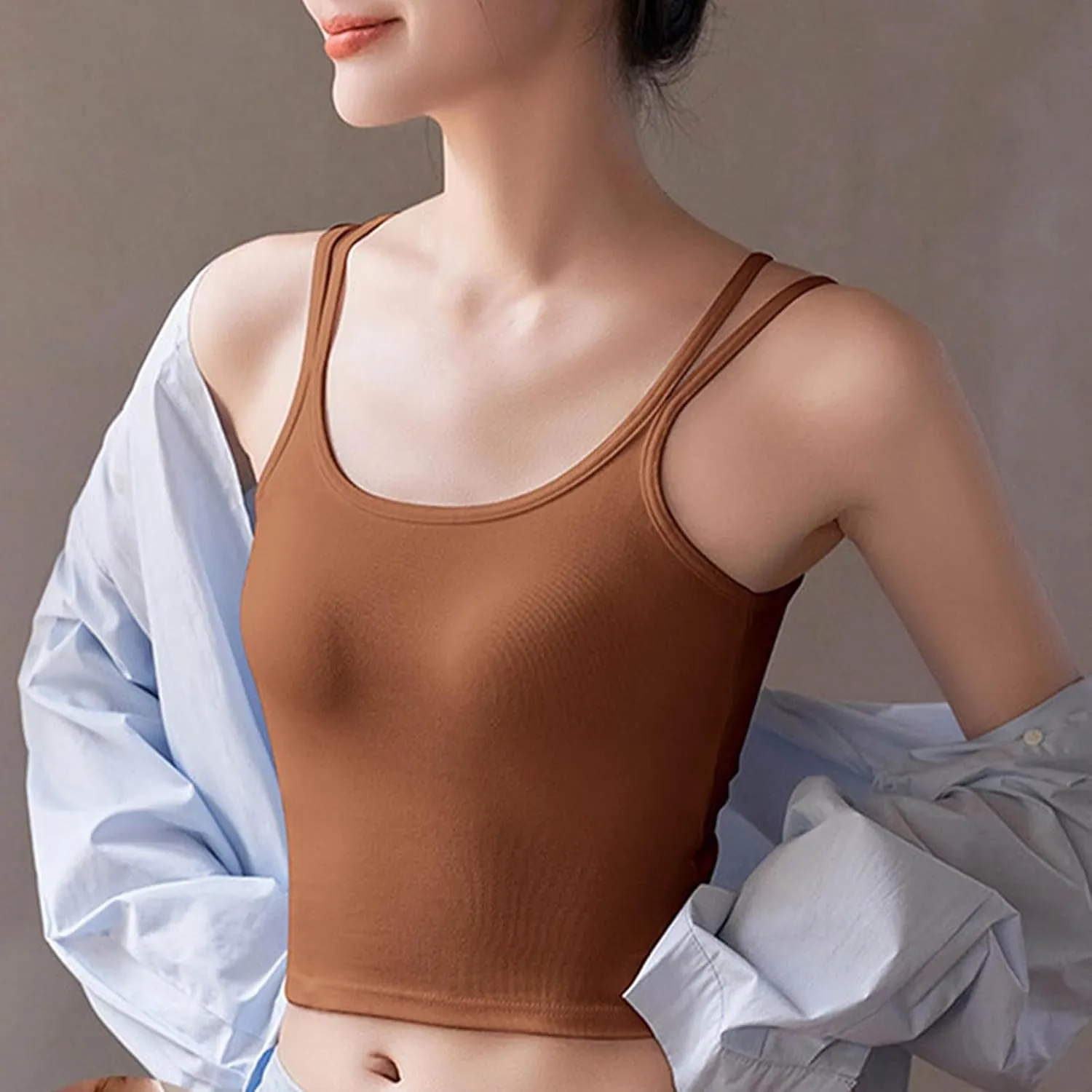 Women Cutout Back Cami Tops Summer Cottton Casual Crop Camisole Built in Bra Spaghetti Strap Slim Fit Yoga Tanks Top
