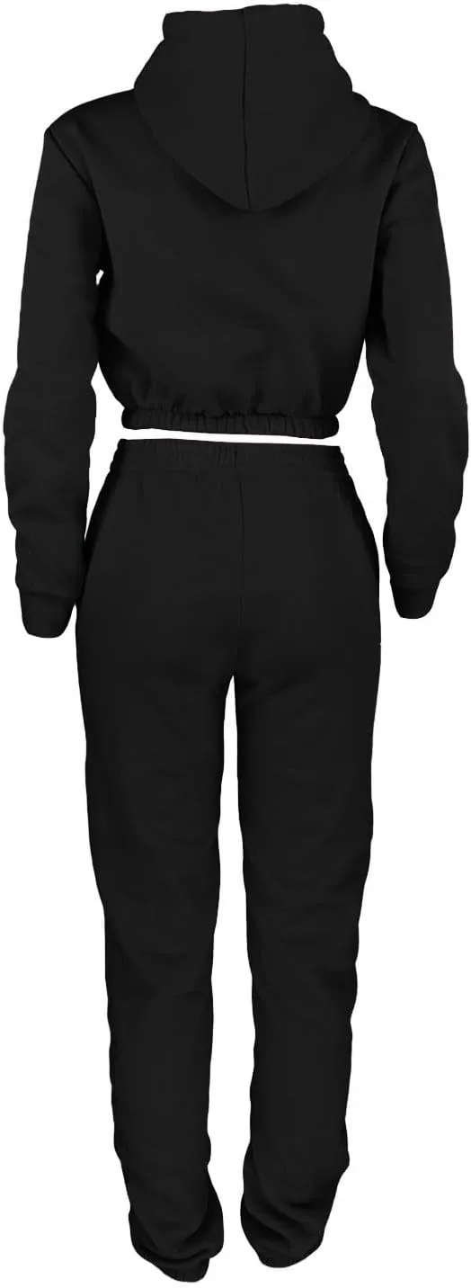 Women Fall Outfits Fleece Lined Sweatsuits 2 Piece Lounge Set Trendy Tracksuit Cropped Hoodies and Jogger Pants
