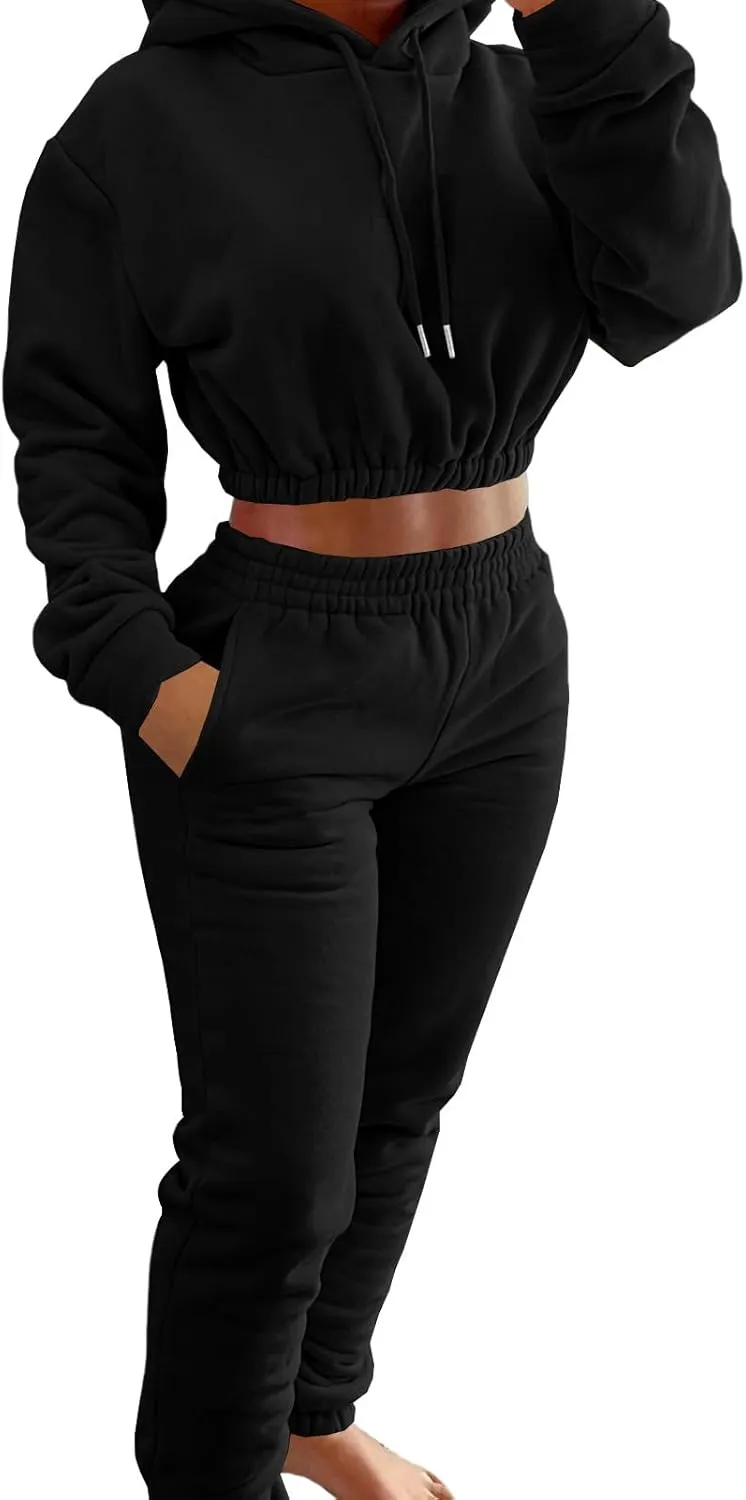 Women Fall Outfits Fleece Lined Sweatsuits 2 Piece Lounge Set Trendy Tracksuit Cropped Hoodies and Jogger Pants