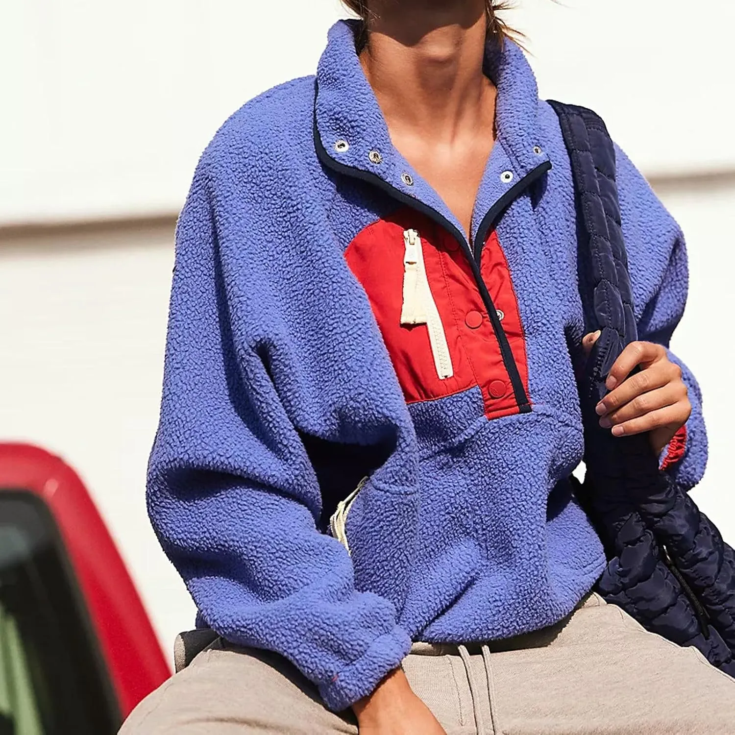 Women Half Button Fuzzy Hiking Sweatshirt Fleece Cropped Jacket Tops Color Block Long Sleeve Plush Warm Pullover
