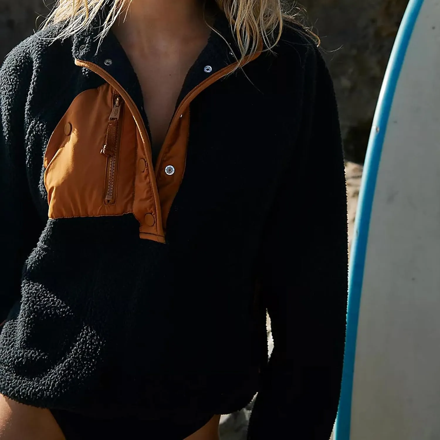 Women Half Button Fuzzy Hiking Sweatshirt Fleece Cropped Jacket Tops Color Block Long Sleeve Plush Warm Pullover