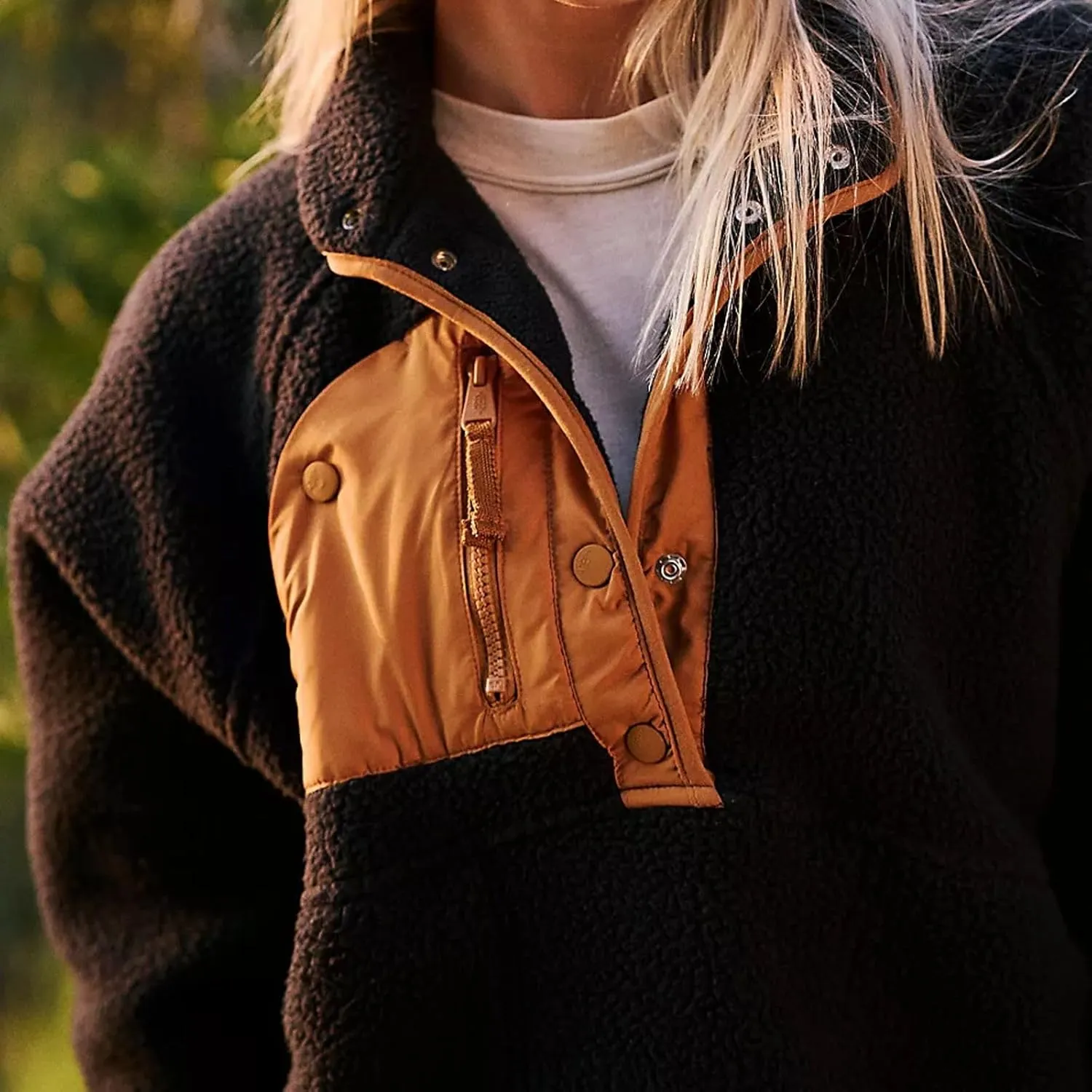 Women Half Button Fuzzy Hiking Sweatshirt Fleece Cropped Jacket Tops Color Block Long Sleeve Plush Warm Pullover