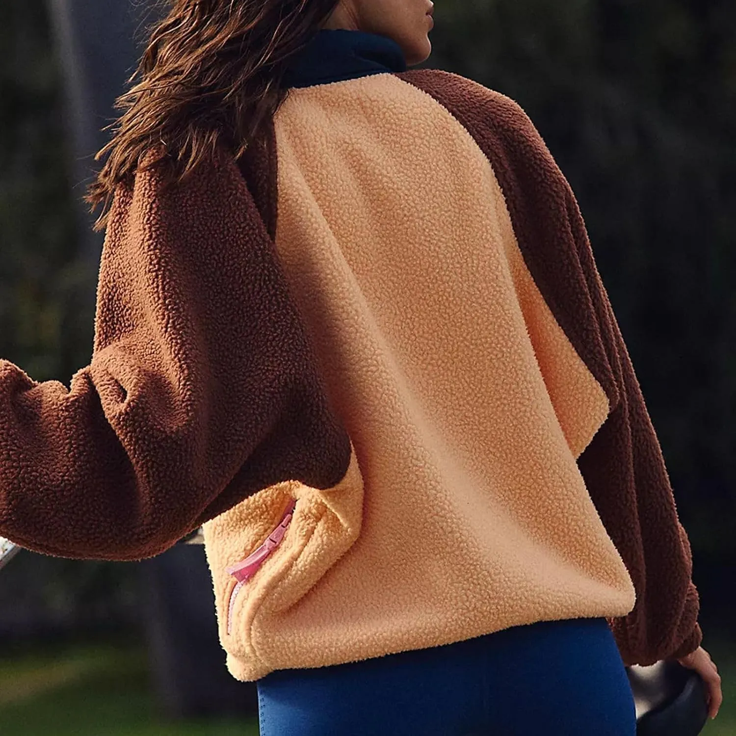 Women Half Button Fuzzy Hiking Sweatshirt Fleece Cropped Jacket Tops Color Block Long Sleeve Plush Warm Pullover