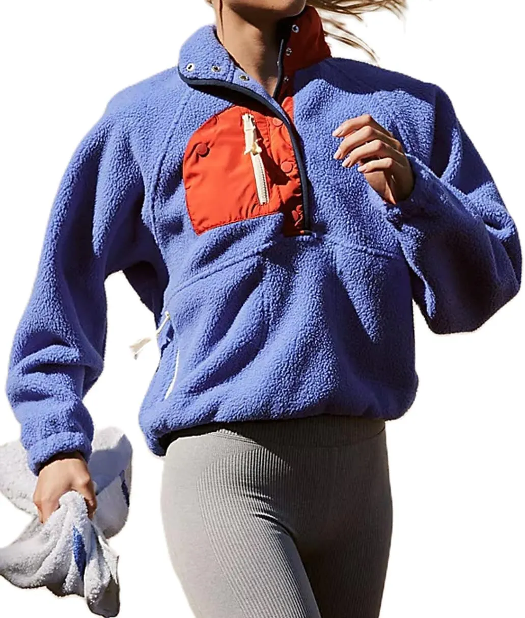 Women Half Button Fuzzy Hiking Sweatshirt Fleece Cropped Jacket Tops Color Block Long Sleeve Plush Warm Pullover