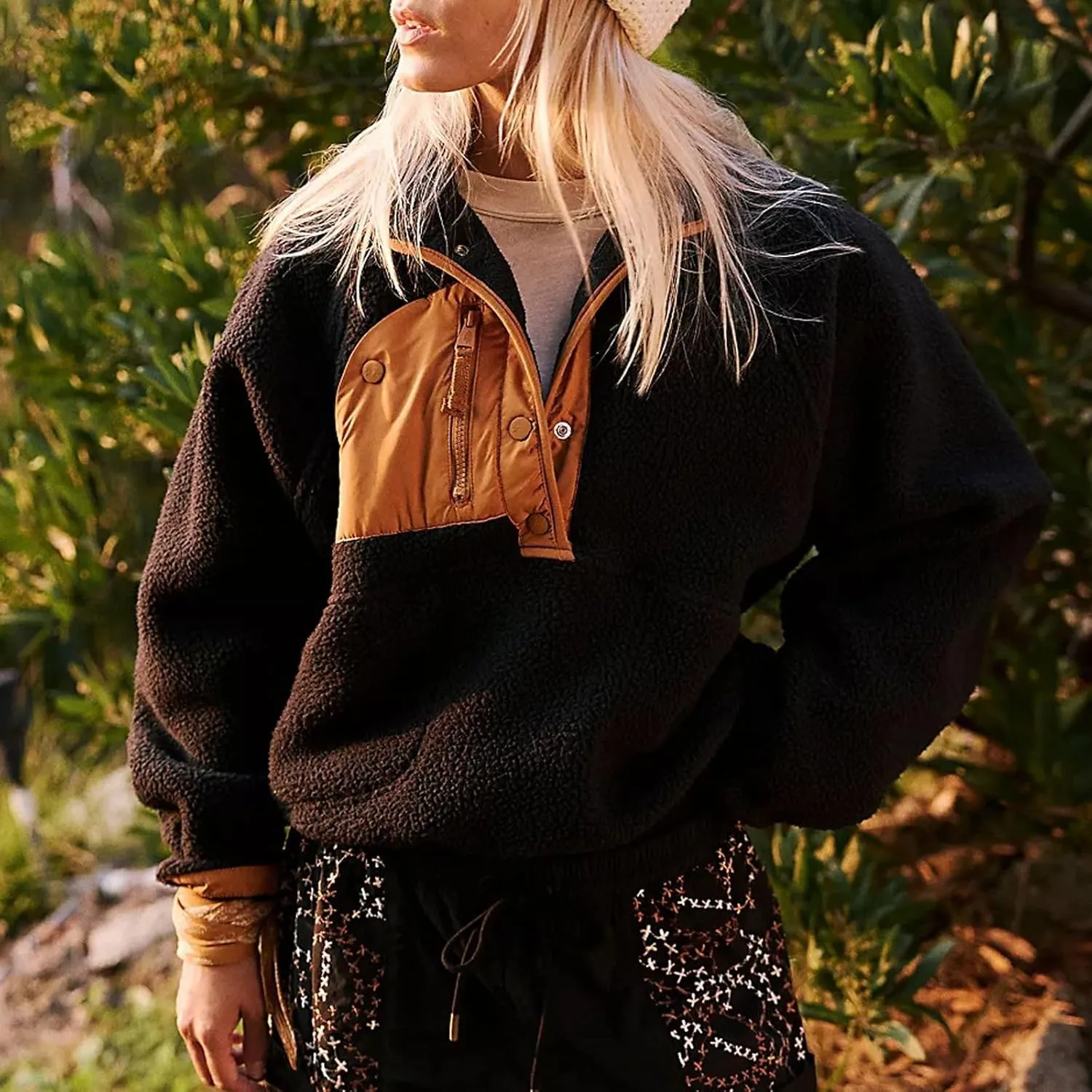 Women Half Button Fuzzy Hiking Sweatshirt Fleece Cropped Jacket Tops Color Block Long Sleeve Plush Warm Pullover