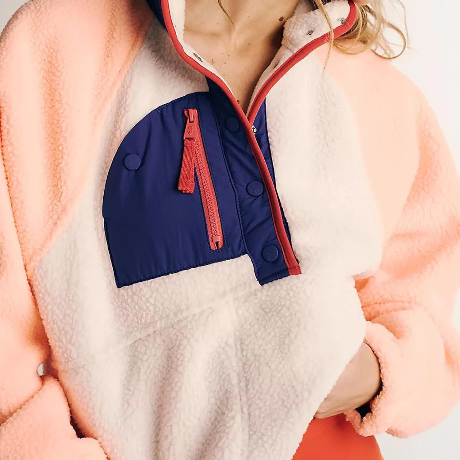 Women Half Button Fuzzy Hiking Sweatshirt Fleece Cropped Jacket Tops Color Block Long Sleeve Plush Warm Pullover