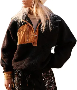 Women Half Button Fuzzy Hiking Sweatshirt Fleece Cropped Jacket Tops Color Block Long Sleeve Plush Warm Pullover