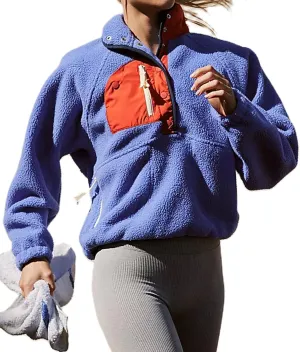 Women Half Button Fuzzy Hiking Sweatshirt Fleece Cropped Jacket Tops Color Block Long Sleeve Plush Warm Pullover