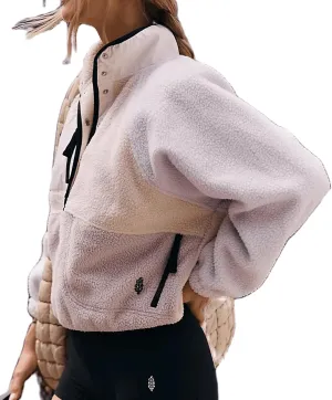 Women Half Button Fuzzy Hiking Sweatshirt Fleece Cropped Jacket Tops Color Block Long Sleeve Plush Warm Pullover
