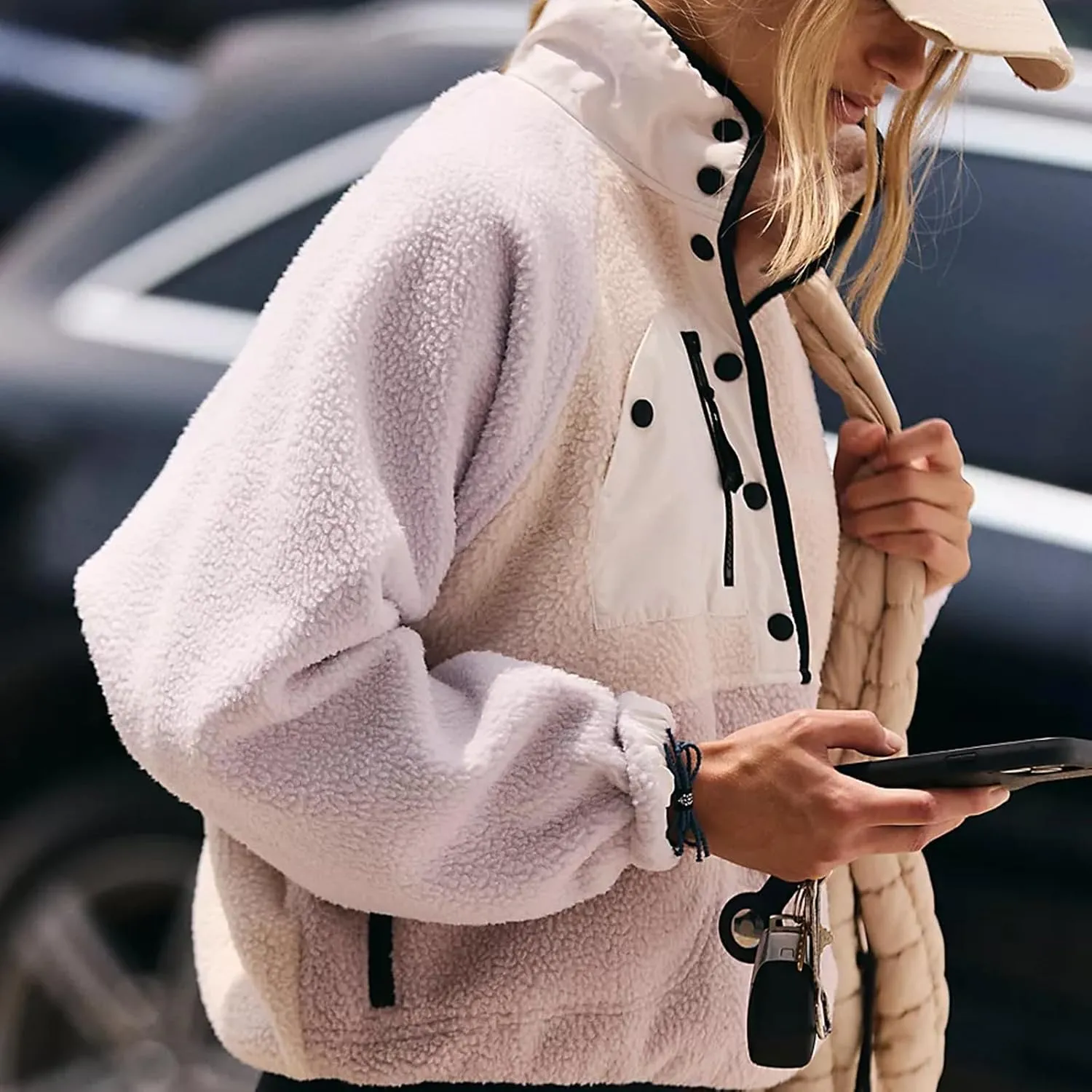 Women Half Button Fuzzy Hiking Sweatshirt Fleece Cropped Jacket Tops Color Block Long Sleeve Plush Warm Pullover