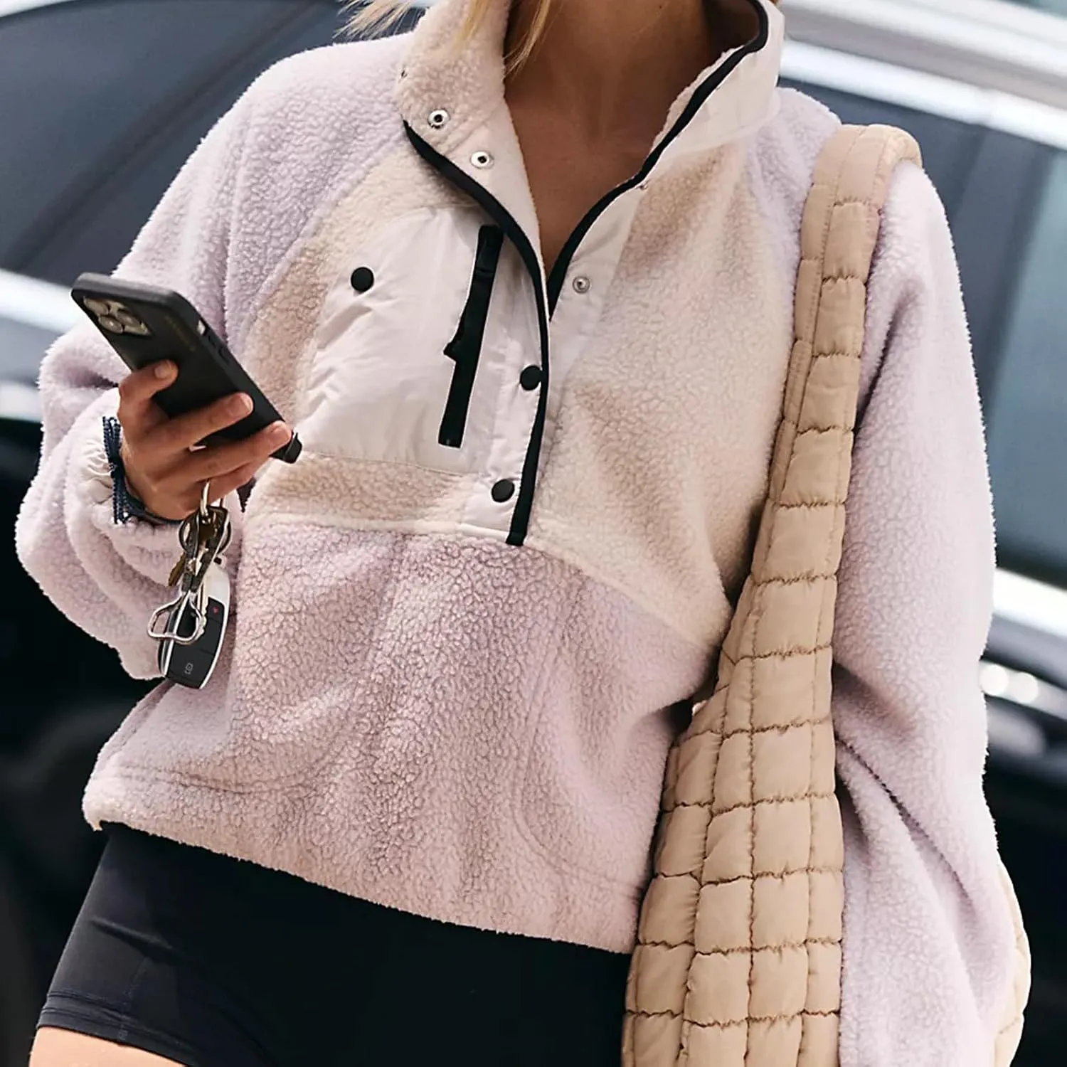 Women Half Button Fuzzy Hiking Sweatshirt Fleece Cropped Jacket Tops Color Block Long Sleeve Plush Warm Pullover