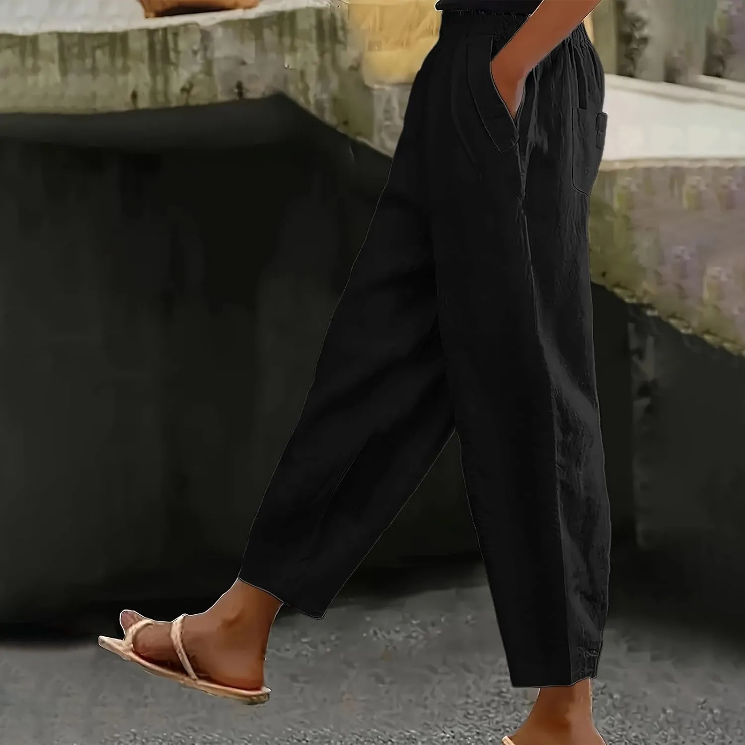 Women High Waisted Wide Leg Pants Fashion Drawstring Elastic Trousers Comfy Straight Leg Long Pants with Pockets