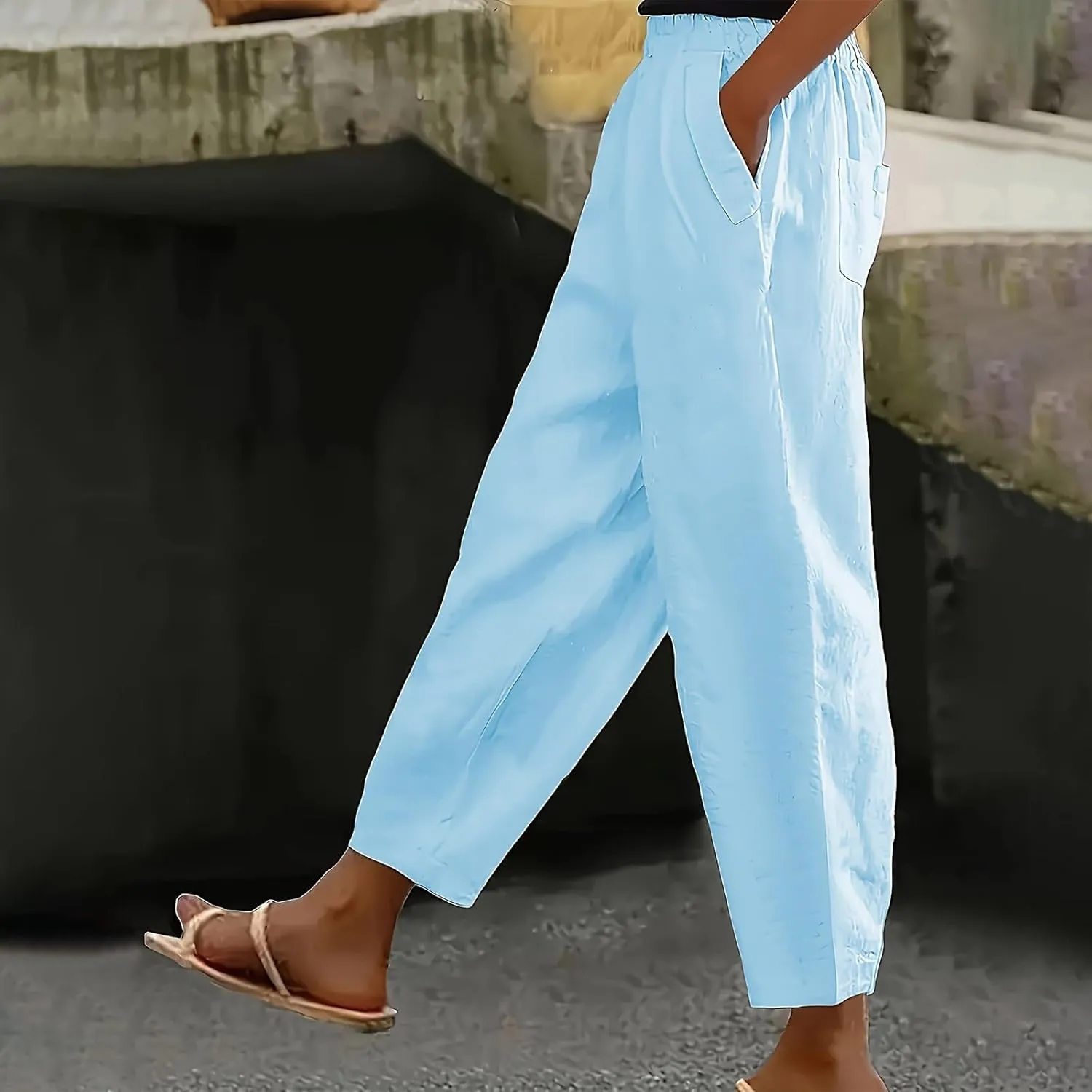Women High Waisted Wide Leg Pants Fashion Drawstring Elastic Trousers Comfy Straight Leg Long Pants with Pockets