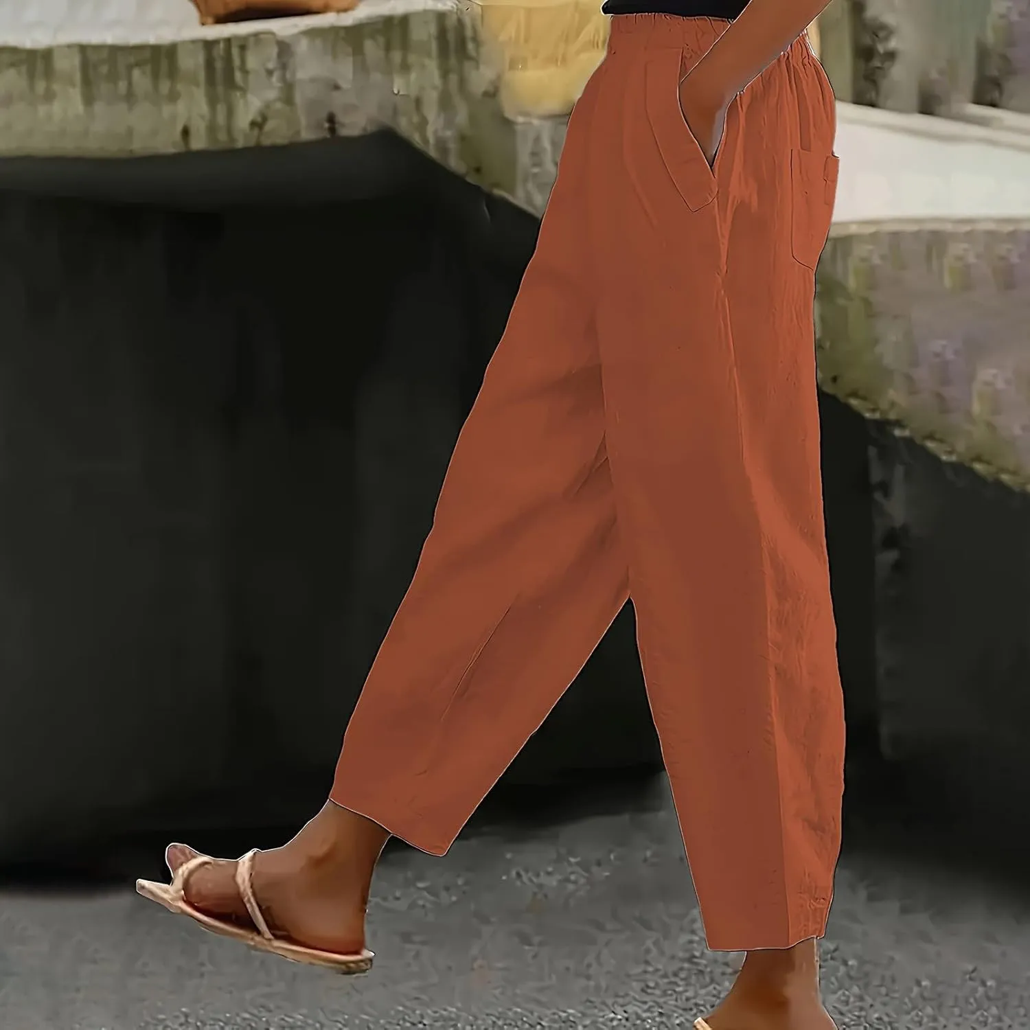 Women High Waisted Wide Leg Pants Fashion Drawstring Elastic Trousers Comfy Straight Leg Long Pants with Pockets