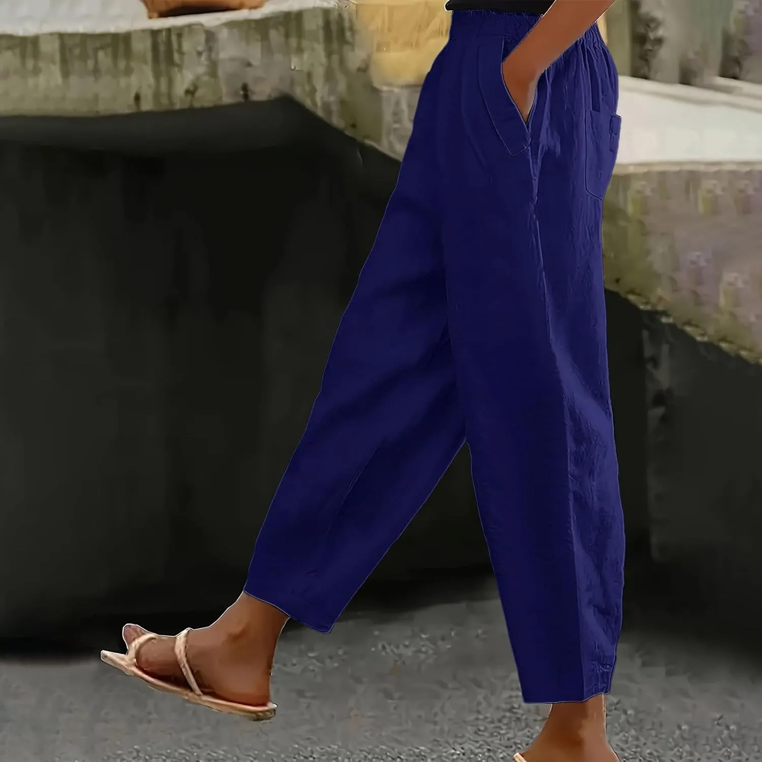 Women High Waisted Wide Leg Pants Fashion Drawstring Elastic Trousers Comfy Straight Leg Long Pants with Pockets