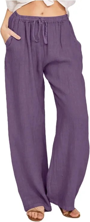 Women Linen Pants Baggy Casual Summer Solid Color High Waisted Straight Leg Beach Linen Pants Breathable Ankle Trousers