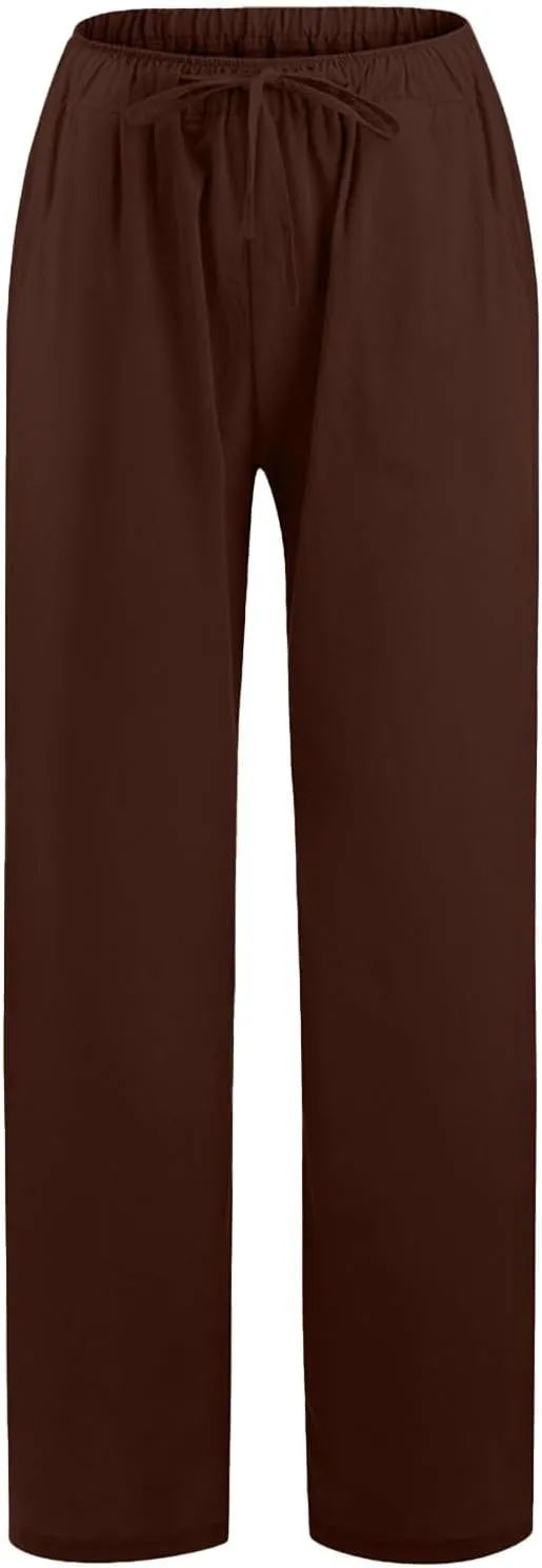 Women Linen Pants Baggy Casual Summer Solid Color High Waisted Straight Leg Beach Linen Pants Breathable Ankle Trousers