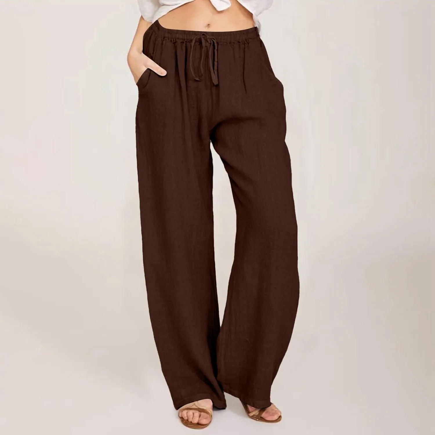 Women Linen Pants Baggy Casual Summer Solid Color High Waisted Straight Leg Beach Linen Pants Breathable Ankle Trousers