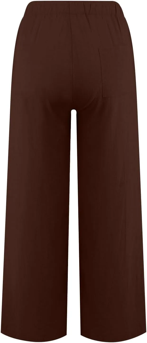 Women Linen Pants Baggy Casual Summer Solid Color High Waisted Straight Leg Beach Linen Pants Breathable Ankle Trousers