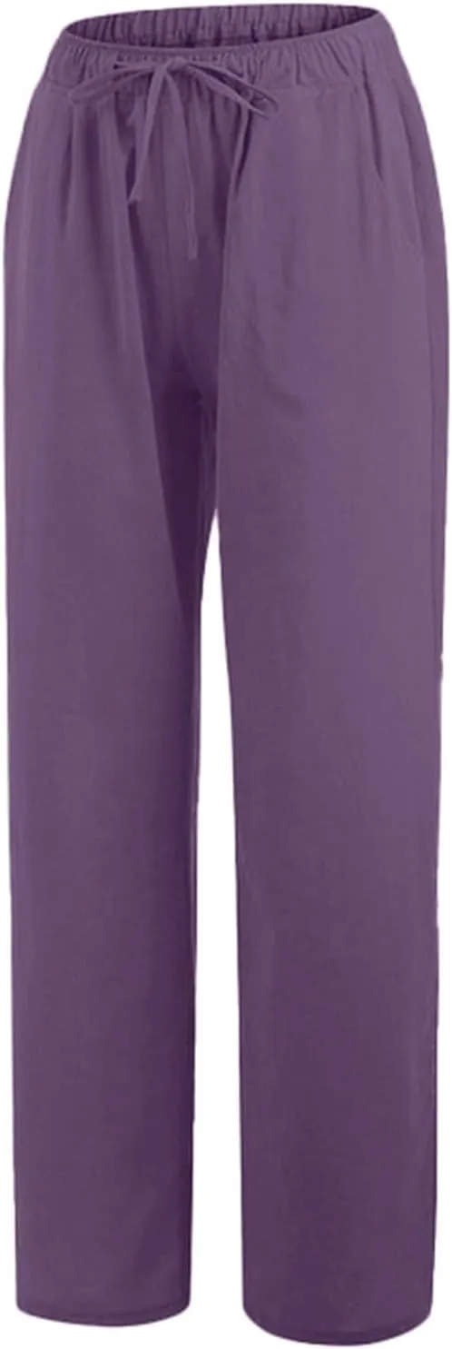 Women Linen Pants Baggy Casual Summer Solid Color High Waisted Straight Leg Beach Linen Pants Breathable Ankle Trousers