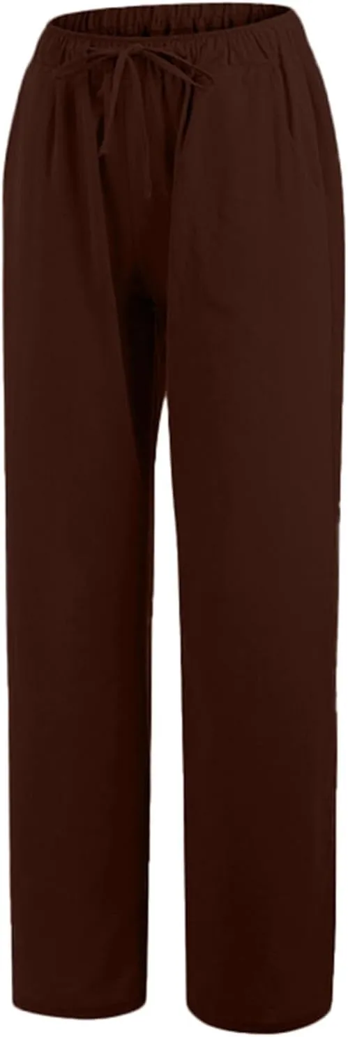 Women Linen Pants Baggy Casual Summer Solid Color High Waisted Straight Leg Beach Linen Pants Breathable Ankle Trousers
