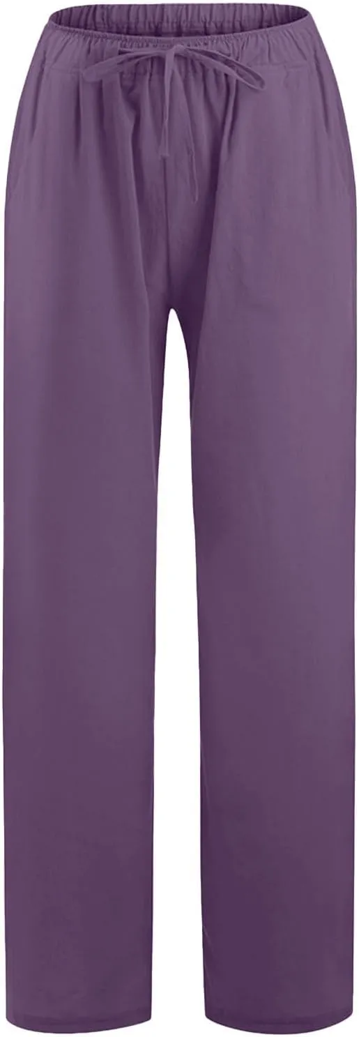 Women Linen Pants Baggy Casual Summer Solid Color High Waisted Straight Leg Beach Linen Pants Breathable Ankle Trousers
