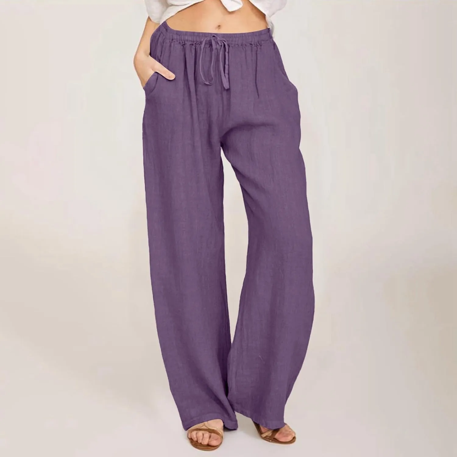 Women Linen Pants Baggy Casual Summer Solid Color High Waisted Straight Leg Beach Linen Pants Breathable Ankle Trousers