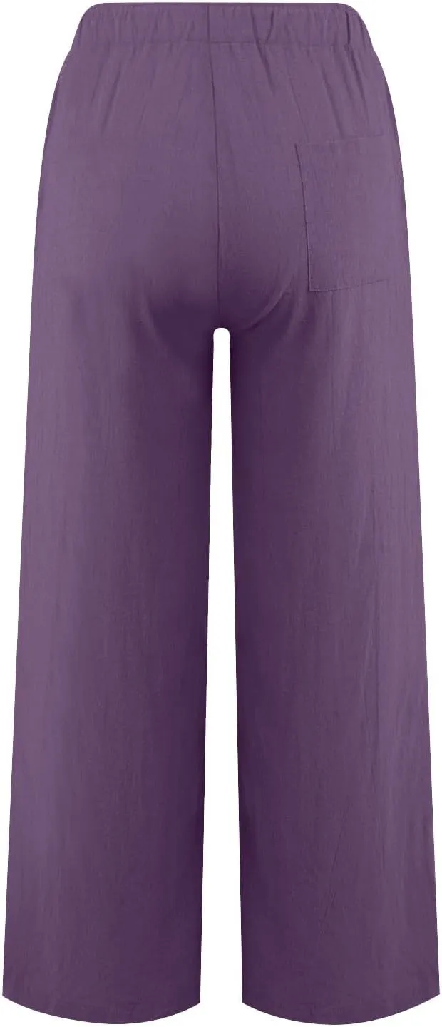 Women Linen Pants Baggy Casual Summer Solid Color High Waisted Straight Leg Beach Linen Pants Breathable Ankle Trousers