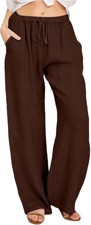 Women Linen Pants Baggy Casual Summer Solid Color High Waisted Straight Leg Beach Linen Pants Breathable Ankle Trousers