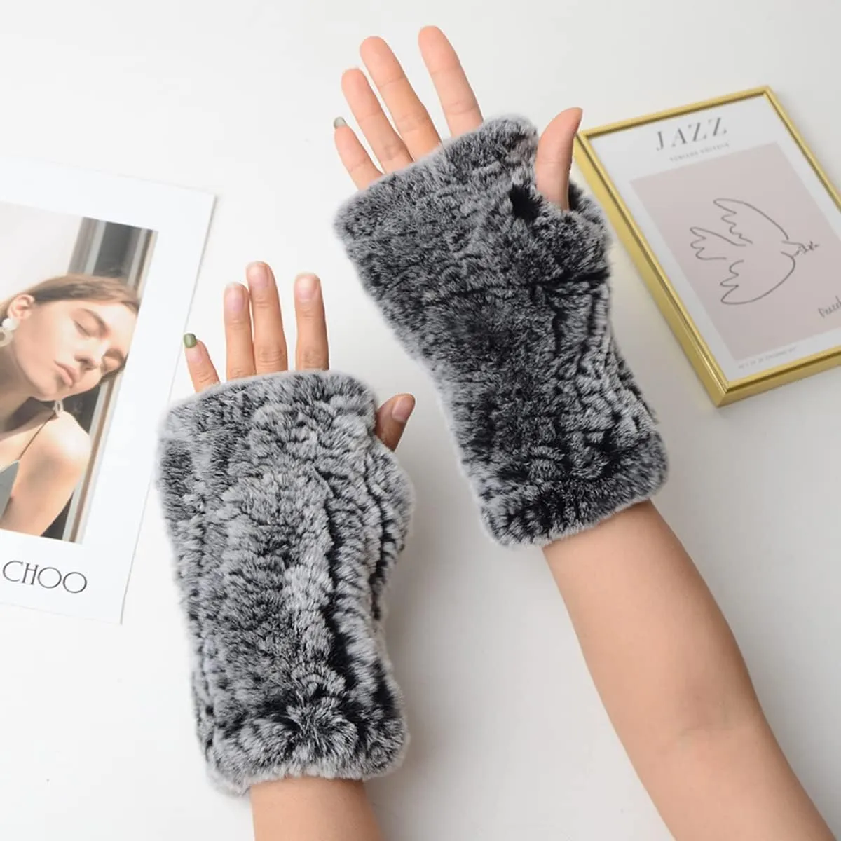Women Mittens Gloves Real Rex Rabbit Hair Hand Warmer Winter Knit Warm