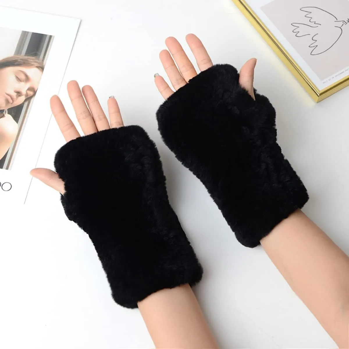Women Mittens Gloves Real Rex Rabbit Hair Hand Warmer Winter Knit Warm