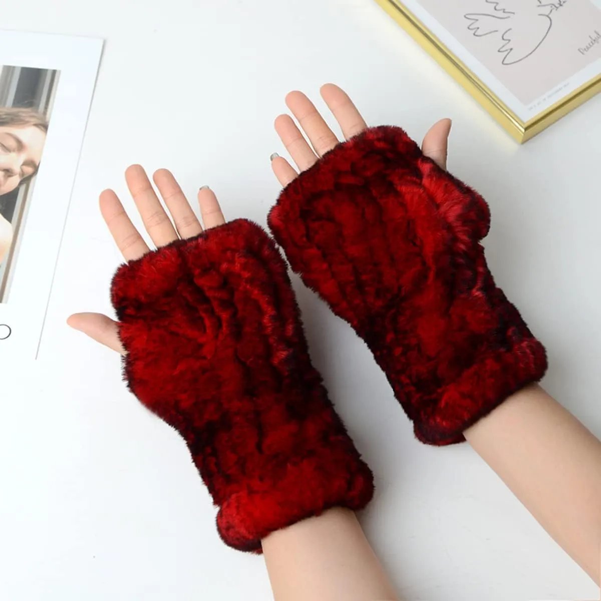 Women Mittens Gloves Real Rex Rabbit Hair Hand Warmer Winter Knit Warm