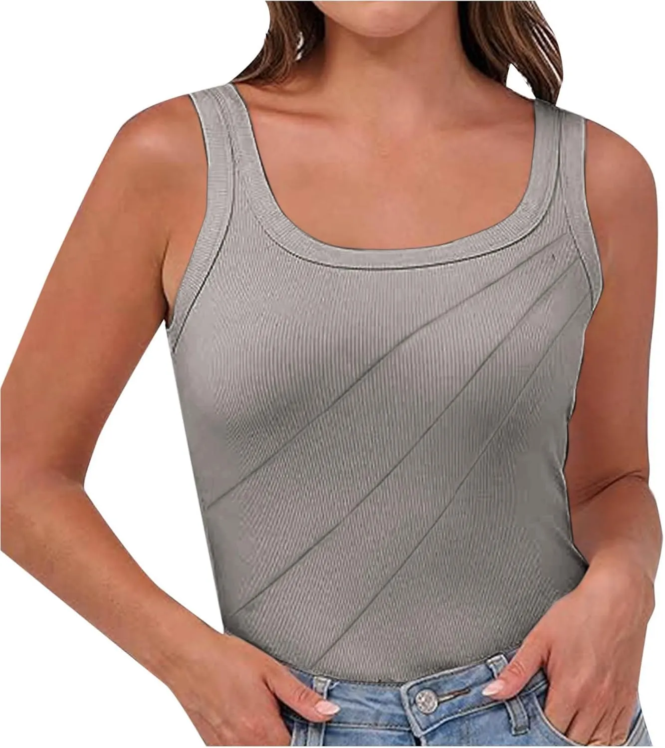 Women Pleated Front Ribbed Tank Tops Summer Square Neck Sleeveless T-Shirt Casual Slim Fit Yoga Workout Tanks Blouse