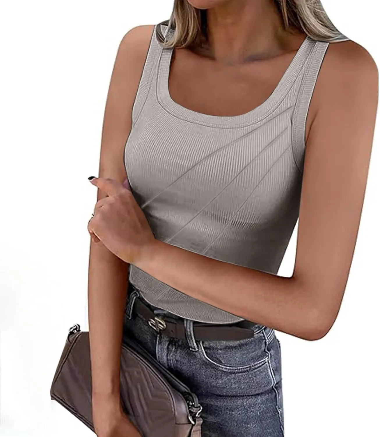 Women Pleated Front Ribbed Tank Tops Summer Square Neck Sleeveless T-Shirt Casual Slim Fit Yoga Workout Tanks Blouse