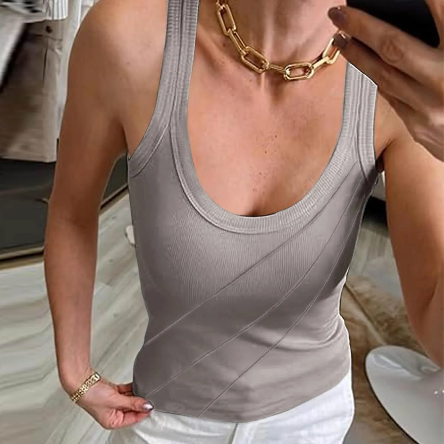 Women Pleated Front Ribbed Tank Tops Summer Square Neck Sleeveless T-Shirt Casual Slim Fit Yoga Workout Tanks Blouse