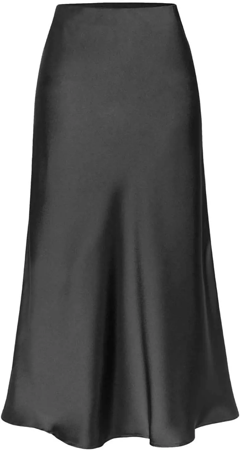 Women Slit Side Satin Midi Skirt Elegant High Waist Dressy Pencil Skirts Summer Lightweight Casual Dressy Work Skirt