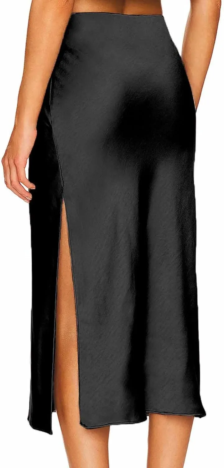 Women Slit Side Satin Midi Skirt Elegant High Waist Dressy Pencil Skirts Summer Lightweight Casual Dressy Work Skirt